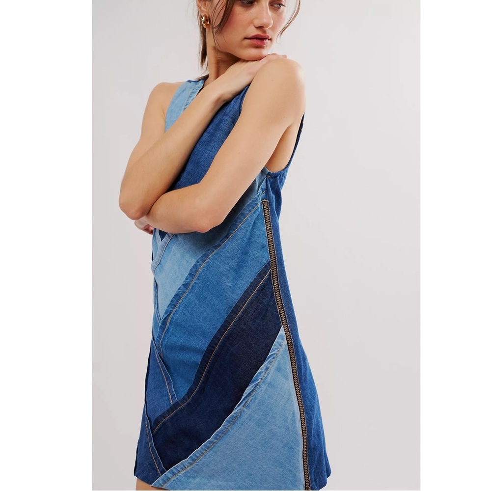 Free People Bohemian 70s Patches Of Denim Mini Dress XS NWT Patchwork Fall Retro - Picture 3 of 16